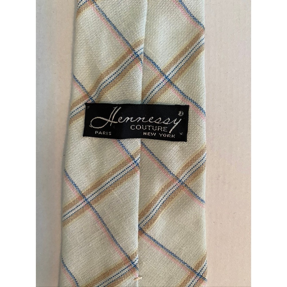 Hennessy Couture Vintage Plaid Tie Viscose Linen Blend Scotland Sage Green Tan